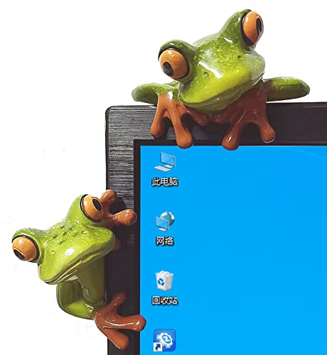 KEYUM 2 PCS Resin Frogs Decor, Adorable Funny Frog Figurine 3D Creative Craft Animal Figure Gift, Office Desk Monitor Computer Decoration