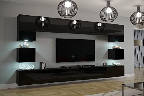 Furnitech Wohnwand Wohnzimmer | Wohnzimmer Möbel mit LED Blau | Hängend Wohnwand Modern | Wohnzimmer Schrankwand mit Regale und TV Schrank (Nawara Schwarz)