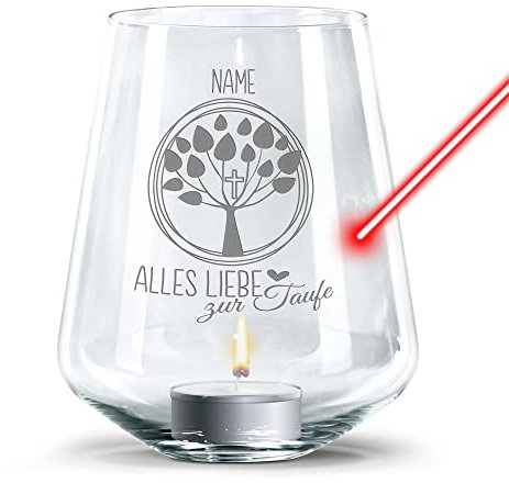 PR Print Royal Windlicht mit Gravur zur Taufe selbst gestalten - mit Name gravieren - inklusive Teelicht, personalisiertes Taufgeschenk mit Kerze | Baum