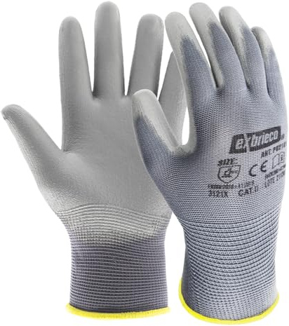 EXBRIECO, Arbeitshandschuhe, 3, 6 oder 12 Paare, Schutzhandschuhe für Damen und Herren, Polyester und Polyurethan, Atmungsaktiv, Taktile Präzision, Widerstandsfähig, Mechaniker, Konstruktion, EPI.