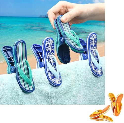 4 Pcs Beach Towel Clips Blue Slipper Large Laundry Pegs Towel Clips for Sun Loungers Strong Sunbed Pegs Beach Chair Holder Heavy Duty Bath Clothes Clips Pool Beach Towel Pegs Indoor Outdoor