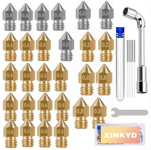 28 Stk 3D Drucker Düse Set, MK8 Nozzle 21x Messingdüsen+7x Edelstahldüsen für 0,2mm 0,4mm 0,6mm 0,8mm Extruder Düsen mit Düsenreiniger tool für CR-8 / CR-10 / Ender 3 / Ender 3S / 5/6 and so on…