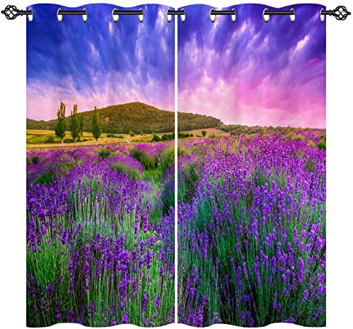 ANHOPE Natur Lila Lavendel Blume Blickdichte Gardinen mit Ösen Thermo Vorhänge Weich Vorhang Blackout Curtain Wohnzimmer Schlafzimmer Verdunklungsvorhänge 2er Set H 160 x B 77 cm
