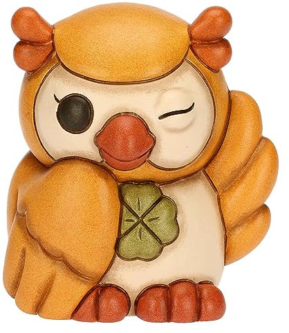 THUN, Gufo Lucky Giallo con Quadrifoglio in Ceramica Decorata a Mano, Linea Racconti d'Autunno, 9.5x8.5x10.9 cm h