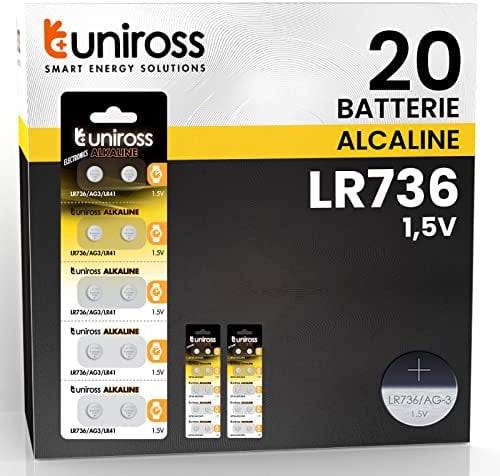 Uniross Pila Batteria AG3 LR736 LR41 1,5V Pile Alcaline a Bottone - 2 Blister Da 10 Batterie