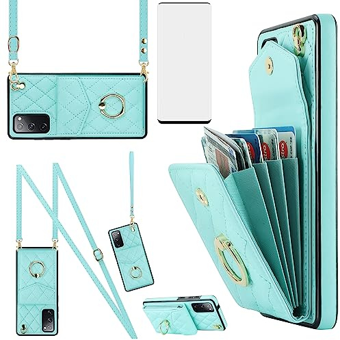 Asuwish Handyhülle für Samsung Galaxy S20 5G Hülle mit Band Folie Schutzfolie RFID Ring Ständer Kartenfach Klappbar Geldbörse S 20 20S G5 4G Handy Hüllen Schutzhülle Damen Leder Wallet Phone Case Teal
