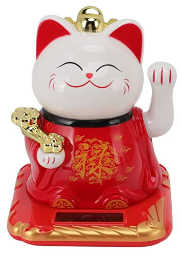 Cyrank Glückskatzen-Ornament, Winkekatze, Solarbetriebene Winkekatze, Glücksbringer-Sammelfiguren, Willkommenskatze, Chinesische Willkommenskatzen-Ornament Für Zuhause, Auto(Rot)