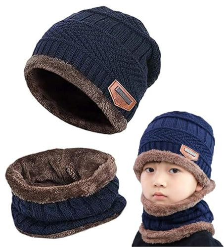 Gxlaihly Gorro de invierno para niños,Conjunto de Gorro de Punto Invierno Térmico y Bufanda para Niños,Gorra con bufanda de punto con Forro de Lana para Niños y Niñas, 4-15 años (Azul)