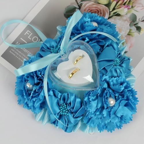 SYSUII Ringkissen Hochzeit,Romantische herzförmig Ringhalter Rosen Eheringkissen mit Satinband Hochzeit Herz Ring Kissen Box Paar Ring Halter Hochzeit Accessoires Für Valentinstag Eheringe Ringe-Blau