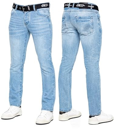 989Zé ENZO Mens Jeans Classic Straight Leg Casual Cotton Regular Fit Denim Pants Free Belt EZ384 Light Blue 34W / 30L