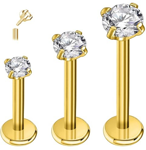 ESHIONER G23 Titan Tragus Piercing Schmuck Ohr Helix Labret Lippe Lippenpiercing Bar Stecker Knorpel Ohrringe Ohrpiercing Hypoallergen Gold Internally Threaded Flat Back Studs 16g 6mm 8mm 10mm