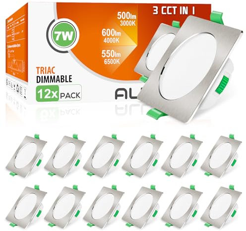 ALUSSO LED Einbaustrahler 230V Eckig Dimmbar Flach 68mm 7W IP44 LED Spots Warmweiß Neutralweiß Kaltweiß Deckenstrahler für Badezimmer Küche Wohnzimmer, Nickel Gebürstetes, 12er Set