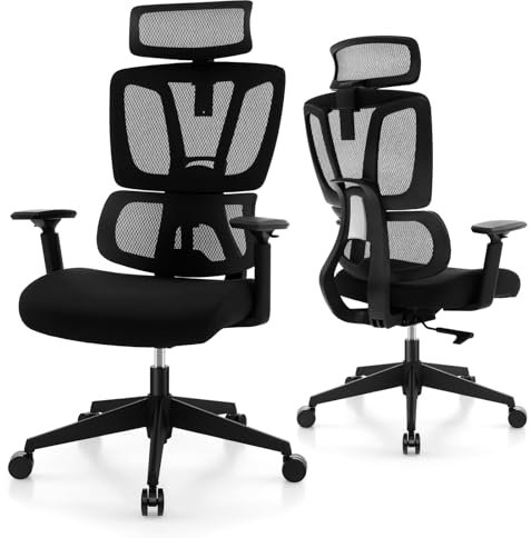 GIANTEX Ergonomischer Bürostuhl, verstellbar, aus atmungsaktivem Netzstoff, Lendenwirbelstütze mit Kopfstütze und Armlehne, drehbar mit gepolstertem Sitz, Schwarz