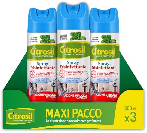 Citrosil Disinfettante Spray, Azione Virucida Completa, Elimina Fino al 99,9% di Virus e Batteri, Essenza di Menta, 300 ml x 3 Confezioni