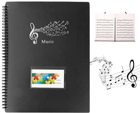 A4 Notenmappem, Notenblattordner, Notenordner Klavier, Notenhefter für Musiknoten, Dokumentenmappe Sammelmappe, Spiralhefter Kunststoff für Notenblätter Chor 30 Fächer/60 Seiten (Schwarz)