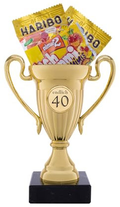 andSmile Pokal mit Gravur endlich 40 - Trophäe aus hochglänzendem Gold mit Marmorsockel - Pokale zum 40. Geburtstag & Jubiläum - Geschenke zum 40. Geburstag - Geburtstagsgeschenk 40 Jahre