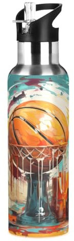 Wzzzsun Ballon De Basket Sport Mode Isotherme Bouteille d'eau avec Paille, Gourde Sport en Acier Inoxydable 600ML Gourdes sans BPA pour Enfant Garçon Fille École Bureau