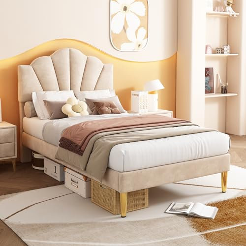 ModernLuxe Upholstered Single Bed, 3FT Shell-like Bed Frame with Golden Iron Legs and Height-adjustable Headboard Filled with High-density Foam, Wooden Slatted Frame, Velvet Beige, 90x190cm