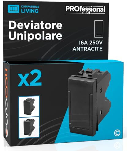 Deviatore Unipolare di Corrente 16A 250V Compatibile con BTicino Living a Incasso da Muro Frutti Elettrici Colore Antracite - Confezione da 2