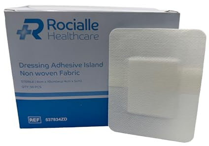 Rocialle Healthcare Non-Woven Adhesive Dressings - Hypoallergenic Plasters with Absorbent Pad, Water-Resistant - 8cm x 10cm (50 Count)
