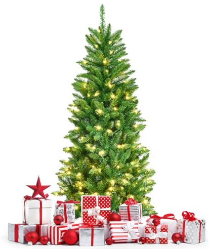 KOMFOTTEU Albero di Natale Artificiale 150/180/210 cm, Albero di Natale con Luci LED Incorporate e Supporto in Metallo, Christmas Tree con Rami in PVC, per Casa, Negozio, Ufficio, Feste (S)
