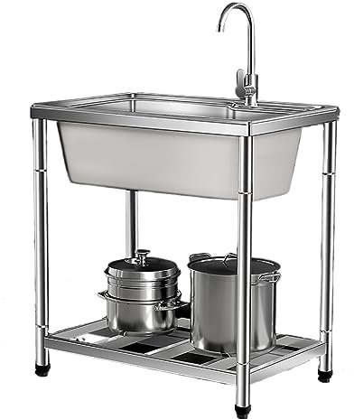 Évier de cuisine autoportant en acier inoxydable avec support et robinet – Évier utilitaire d'extérieur à cuve unique pour la maison, le jardin, le garage – Ensemble de vidange inclus