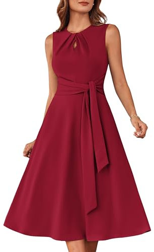 GRACE KARIN Ärmelloses Midikleid für Damen elastisches Rundhalskleid Plissiertes Cut-Out mit Gürteltaschen Leuchtend rot L