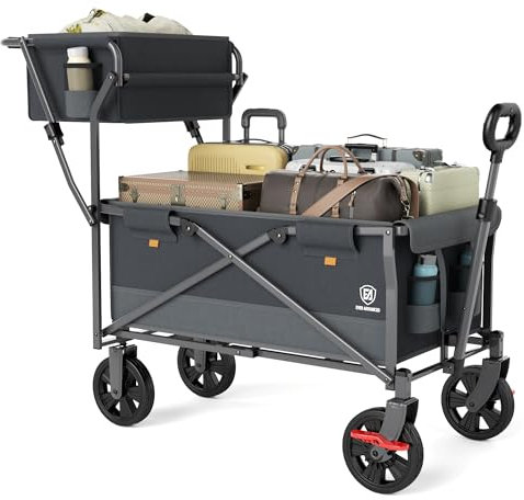 EVER ADVANCED Bollerwagen faltbar schieben&ziehen mit Bremse Einkaufskorb Getränkhalter Seitentasche Handwagen klappbar Strandwagen bis 120kg Faltwagen Transportwagen für Camping