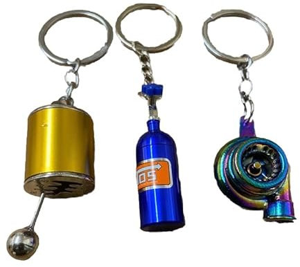 UKDGTMR Lot de 3 porte-clés pour passionnés de voiture, mini turbocompresseur, six vitesses, bouteille NOS avec chaîne, porte-clés, Argenté., taille unique