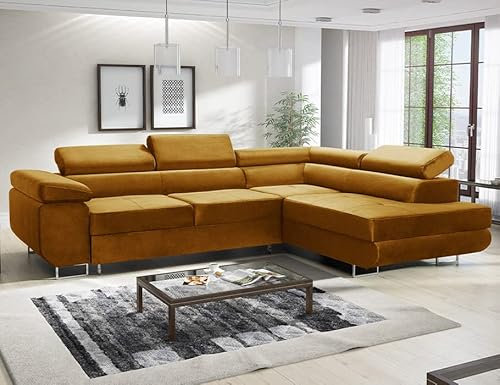 Ecksofa Modern L Form mit Schlaffunktion und Bettkasten 3 Sitzer Sofa mit robusten Metallfüßen Eck-Couch Bett mit Samtpolsterung Senfgelb 277 x 203 x 73 cm