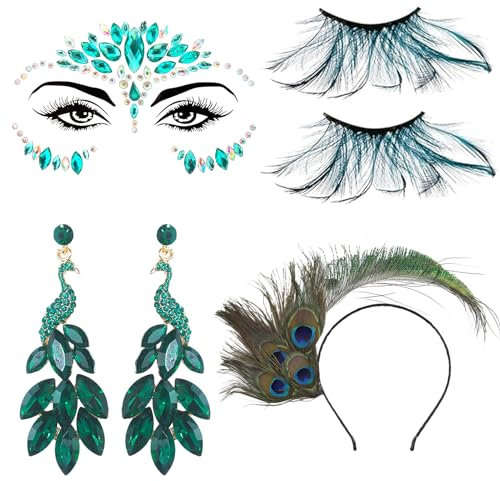 Pfau Kostüm Damen Set, Pfau Haarband für Damen mit Pfauenfedern Wimpern, Pfauenfedern Ohrringe und Glitzersteine Gesicht, Pfauenfedern Haarschmuck, zum Karneval Halloween Mottoparty Cosplay