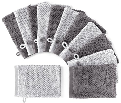 Pure Label 12-TLG. Waschhandschuh Waschlappen Set mit Anhängeschlaufe aus 100% Baumwolle, saugstark, weich und Oeko-TEX Zertifiziert - 12 Waschlappen aus Baumwolle 16x21cm, Anthrazit | Grau