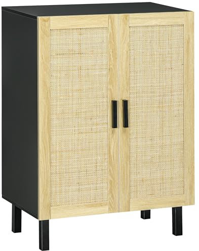 HOMCOM Meuble de rangement buffet rotin avec placard à portes effet cannage, étagères réglables, style bohème, armoire de rangement pour salon, cuisine, chambre, 73 x 41 x 102 cm, noir et bois naturel