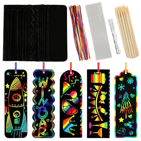 PEASUG Scratch Art, 40 Sets 5 Styles Scratch Art for Kids, Rainbow Scratch Paper Art Sets, Magic Black Scratch Off Paper Eid Bookmarks Gifts for Kids, DIY Art Craft Party Favors Easter Crafts