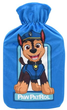 Paw Patrol Chase Hot Water Bottle with Soft Flannel Cover | BS1970 Certified | Leak-Proof Natural Rubber Hot Water Bag for Cramps, Pain Relief & Winter Warmth, Large Opening for Safe & Easy Fill – 1L