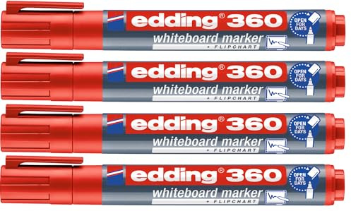 edding 360 Whiteboardmarker - bunte Farben - 4 Whiteboard Stifte - Rundspitze 1,5-3 mm - Boardmarker abwischbar (rot, 4er Set)