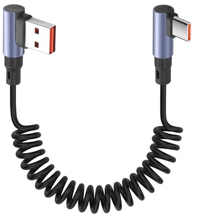 YACSEJAO Câble spiralé USB A vers USB C à 90° - 3,2 FT 6 A/65 W - Charge rapide et transfert de données - Câble court USB type C rétractable à angle droit pour téléphone, PC, Android Auto (USB A coudé