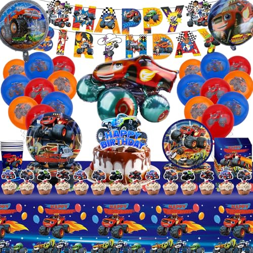 86 Stück Car Geburtstagsdeko, Monster Truck Partygeschirr Pappteller Kindergeburtstag Party Teller Becher Ballon Geburtstag Deko für 10 Personen