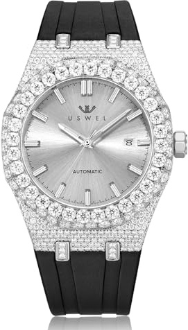 USWEL Herren-Armbanduhr Iced Out Moissanite Diamant, 42 mm Gehäuse, Silikon-Gummiband und Automatik-Uhrwerk, Saphirglas, wasserdicht bis 10 ATM
