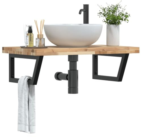 Hoopleep Waschbeckenregal Wandmontage, Akazienholz & Stahl, 80x50x4 cm, 100kg Tragkraft, Platzsparendes Badregal für Waschbecken, Schwarz, Modernes Design für kleine Badezimmer