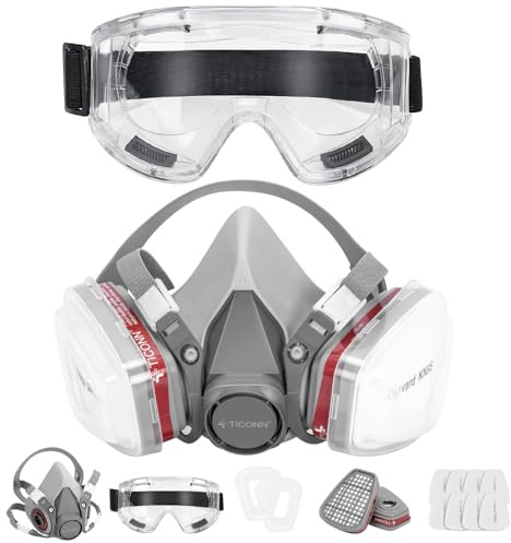 TICONN Reusable Respirator Mask with Filters, Gas Mask with Anti Fog Safety Glasses, Anti-Dust Half Face Cover Respirator