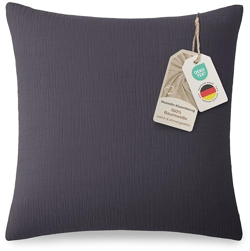 LAYNENBURG Musselin Kissenbezug 80x80 cm - Oeko-Tex – 100% Baumwolle – atmungsaktiv & bügelfrei – 3 lagiges Musselin mit Reißverschluss & Haltebändern (anthrazit)
