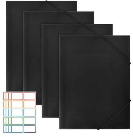 4 Stück Eckspannermappe,Mappe mit Gummizug Eckspanner A4 Postmappe A4 Schule Sammelmappe aus Kunststoff Dokumentenmappe Schule für Büro Zuhause Bürobedarf (Schwarz)