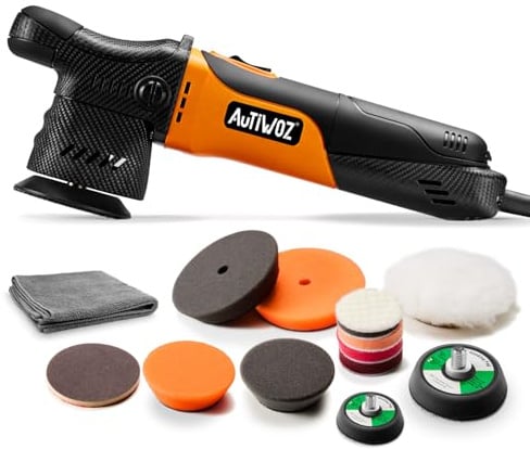 AUTIWOZ 630W Excentrisk Bilpolermaskin W02,Mini Polera Strålkastare | 12mm Orbitalpolerare Bilens yta/Detaljer,50mm/75mm Bottenplatta,Mjukstartfunktion 2500–7000varv/min,Vaxning,Buffring,Polering