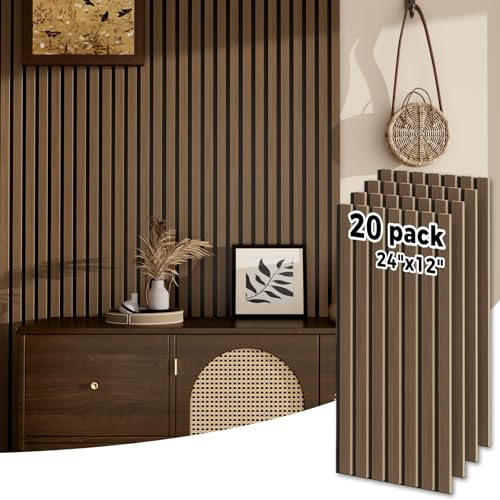 20-Pack 12 x 24 Acoustic Wood Slat Wall Panels, Soundproof Wood Slat Panel for Wall, 3D Fluted Sound Absorbing Paneling for Interior Wall Decor, Living Room, Bedroom, Teak (Cover Approx. 40 sq.ft)