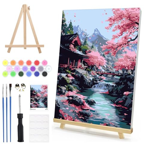DAERLE Peinture Numero Adulte avec Cadre, avec Chevalet en Bois, Maison Fleurs de cerisier, Peinture Numero Enfant Paysage, Peinture par Numéros pour la Décoration de la Maison, 20x30cm