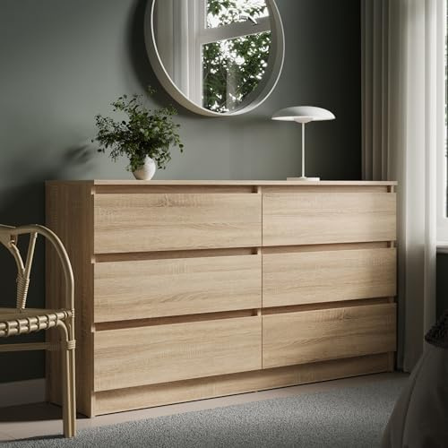 Home Collective Kommode mit 6 Schubladen 140 cm Breite Kommode Sonoma Holz Schrank Kommode mit Schubladen Sideboard Highboard Anrichte Schlafzimmer Wohnzimmer Flur Büro Organizer