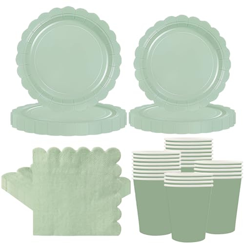 100 Pcs Sage Green Scalloped Party Tableware Set, Sage Green Paper Plates Cups and Napkins for 25 Guests, Birthday Baby Shower Wedding Garden Party Supplies