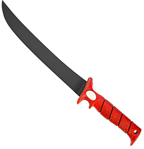 BUBBA 12 Inch Flex Curved Fillet Knife with Non-Slip Grip Handle, Full Tang Stainless Steel Non-Stick Titanium Blade, Lanyard Hole and Synthetic Sheath for Fishing