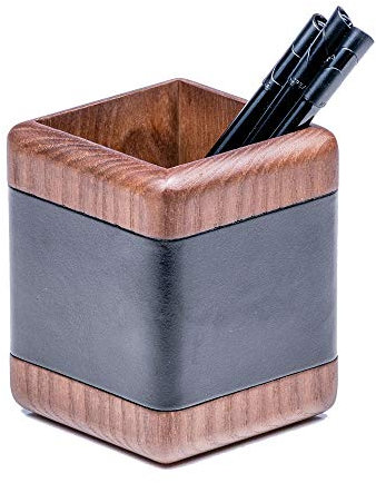 Dacasso Pot à crayons Noyer Cuir Noir